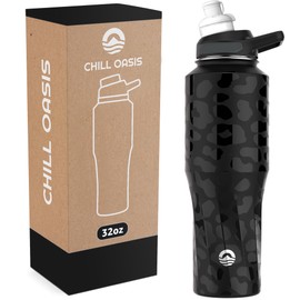 Chill Oasis Water Bottle | Compatible With Popular Flavor Cartridges | BPA Free, Leak Proof, Double-Walled Vacuum Insulated Stainless Steel, and Dishwasher Safe | Cold for 24 Hours (Leopard, 32oz)