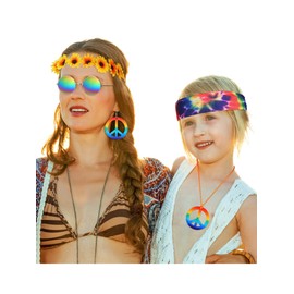 Frienda 5 Pieces Hippie Costume Set Glasses Headband Peace Sign Earrings Necklaces Tie Dye Bandana Hippie Accessories for 60s 70s(Rainbow Style)