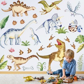 Watercolor Dinosaur Wall Stickers, Large Peel and Stick Dino Wall Decal Vinyl Tropical Forest Dinosaur Clings for Baby Boy Girl Nursery Kids Bedroom Living Room Playroom Classroom Home Decor