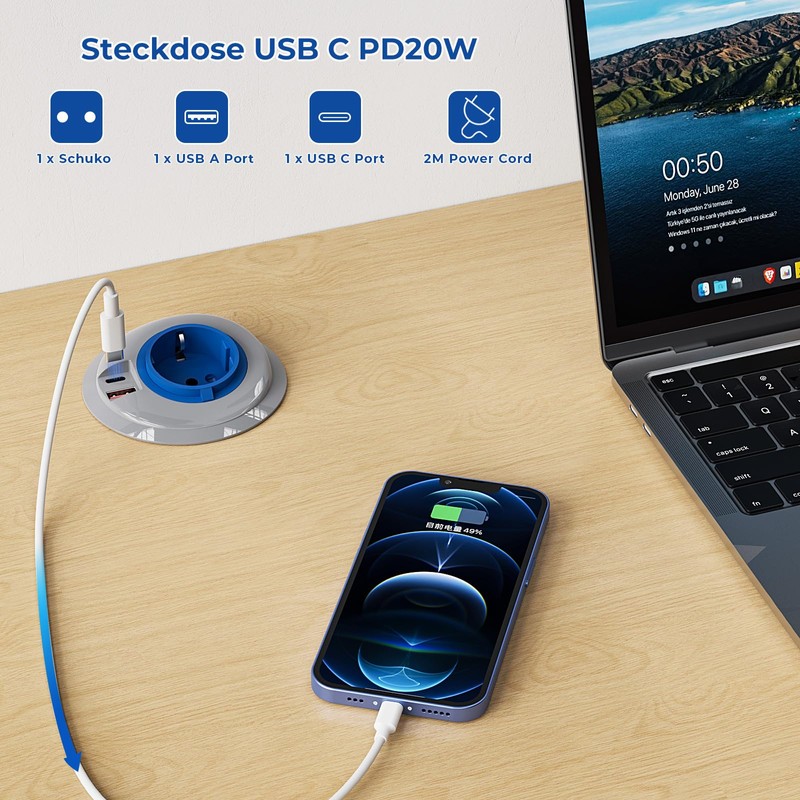 BQO Desk Built-in Socket with USB C, 1.5 m Retractable
