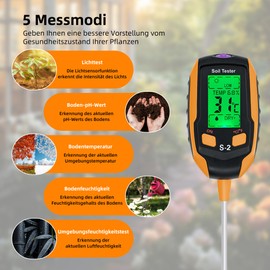 5 in 1 Soil Meter, Digital Soil Moisture Meter with Temperature/Humidity/Ambient Humidity/Sunlight/Backlight, PH Value Meter Soil for Gardening, Agriculture