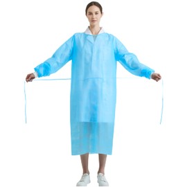 ProtectX (Blue 100 Pack) Disposable Breathable Polypropylene Isolation Gown with Elastic Knit Cuffs, Covered Back, Extra-Long Double Ties, Universal Size