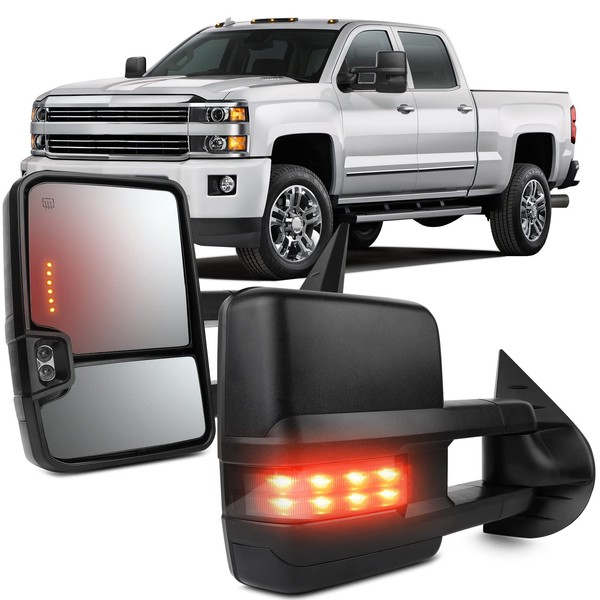 OCPTY Towing Mirrors with Power Heated Left Right Side Tow Mirrors Compatible with for Chevy for GMC 2007-2013 for Silverado/for Sierra with Black housing Smoked Turn Light