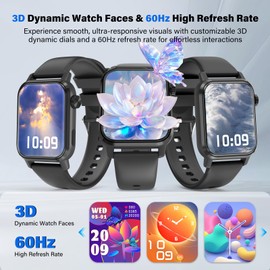 kececo Smart Watch, 1.85" HD Display, 3D Dynamic Dial, 60Hz High Refresh, Bluetooth Calling, LED Flashlight, 100+ Sports Modes (Black)