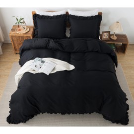 Andency Black Duvet Cover King Size(104x90Inch), 3 Pieces Ruffle Duvet Cover Set, Soft Microfiber Ruffled Farmhouse Duvet Cover with Zipper Closure