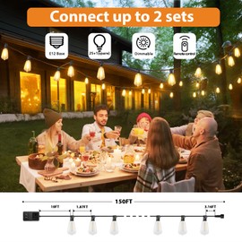 Brightever 150FT Outdoor Lights with Remote, 2700K/4000K/5000K Selectable LED String Lights for Outside with 75+2 ST38 Shatterproof Edison Bulbs, 3 Modes Dimmable Waterproof Hanging Lights for Patio