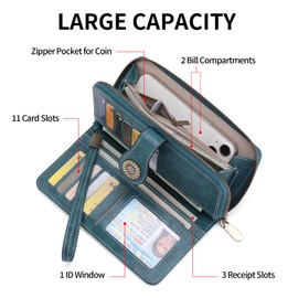 SENDEFN Women's Purse Zipper Travel Leather Purse Large Capacity Credit Card Holder with Wristlet Strap