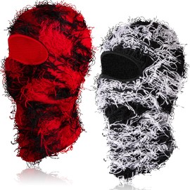 Newcotte 2 Pack Adult Distressed Balaclava Ski Mask Full Face Knitted Balaclava Windproof Cool Ski Mask for Cold Weather(Large,Black Background White Line, Assorted Red)