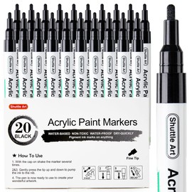 Shuttle Art Black Paint Pens, 20 Pack Fine Tip Acrylic Paint Pens, Water-Based Quick Dry Paint Markers for Rock, Wood, Metal, Plastic, Glass, Canvas, Ceramic