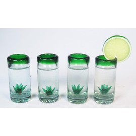 Eye4Art Mexican Tequila Shot Glasses, 4 Agave Cactus, Green Rim, Hand Blown