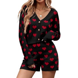 Tankaneo Tankaneo Womens Valentine's Day Sweater Sets Heart Knit Long Sleeve Cropped Cardigan and Shorts 2 Piece Outfits