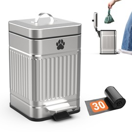 Pupzle Small Dog Poop Trash Can Outside, 1.3 Gal Metal Dog Waste Trash Can, Small Poop Bucket Outdoor with Lid, Poo Container Bin Waterproof Backyard Odor Control, 30 Bags (Steel)