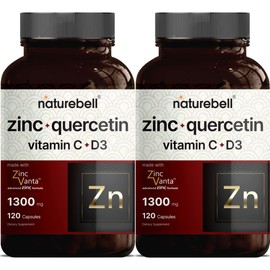 NatureBell 2 Pack Zinc Quercetin with Vitamin C & D3, 120 Capsules, Quercetin 1000mg, 4 in 1 Zinc 50mg, Vitamin C 250mg, Vitamin D3 5000 IU - Advanced Immune Defense, ZincVanta, Lung Support