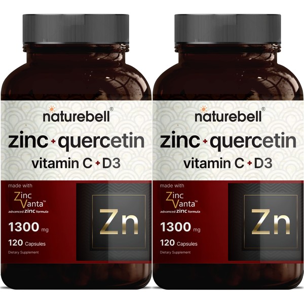 NatureBell 2 Pack Zinc Quercetin with Vitamin C & D3, 120 Capsules, Quercetin 1000mg, 4 in 1 Zinc 50mg, Vitamin C 250mg, Vitamin D3 5000 IU - Advanced Immune Defense, ZincVanta, Lung Support