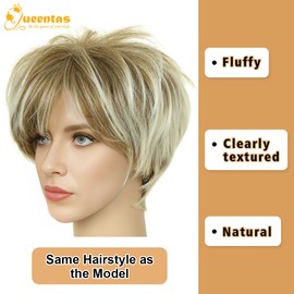 Queentas Short Blonde Wigs for Women Pixie Cut Layered Short Wig with Fringe Synthetic Hair for Ladies Wigs from UK(Mixed Blonde)
