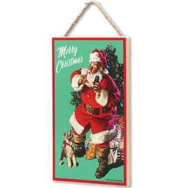 Coca-Cola Merry Christmas Decoration - Vintage Santa With Dog Hanging Wood Wall Decor for Holiday Decorating or Gifting
