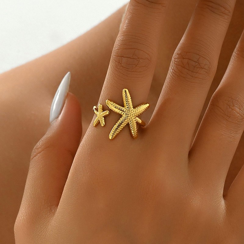 TseenYi Starfish Open Ring Statement Gold Star Ring Vintage Gold