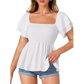 LYANER Women’s Square Neck Smocked Peplum Top Ruffle Short Sleeve Babydoll Shirred Blouse White Small
