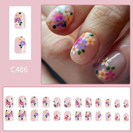 Short Squoval Press on Nails Flower Fake Nails Spring Summer Nails Press ons with Floral Print Designs Reusable Acrylic Nails Glossy Full Cover Artificial Stick on Nails for Women Manicure 24 Pcs
