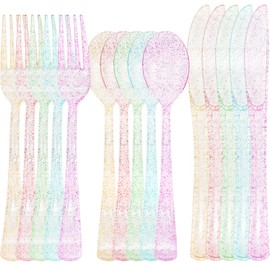 150 PCS Clear Pastel Plastic Silverware Disposable Pastel Utensils Set Heavy Duty Includes 50 Forks 50 Knives 50 Spoons for Birthday Wedding Baby Shower, Tea Party