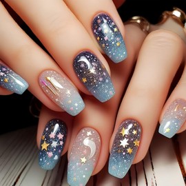 CJDLTS Press on Nails Medium Square Stars Moon False Nail Starry Sky Smudge Gradient Artificial Acrylic Stick on Nails Full Cover Press Ons Glossy Reusable Glue on Nail for Women 24Pcs