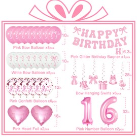 Pink Bow 16th Birthday Decorations Girl, Bow Coquette Birthday Decorations for Girl’s 16 Birthday, Girl Cute Bow Themed Happy Birthday Party Supplies with Pink Bow Balloons, Banner, Hanging Swirls