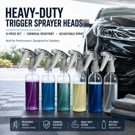 Heavy-Duty Trigger Sprayer Heads for Auto Detailing – 6-Pack Adjustable Mist-to-Stream Nozzles for Cleaning Bottles