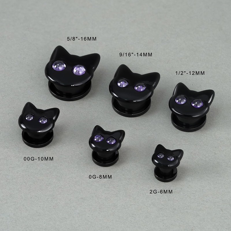COOEAR Black Cat Ear Gauges, Unique Cartoon Ear Plugs, Stainless