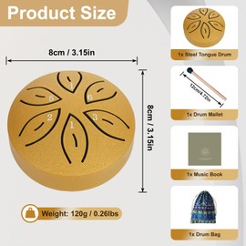 TINGSING Mini Steel Tongue Drum 3 Inch 6 Note Handpan Rain Drum Set Percussion Instrument with Cloth Bag Music Book Mallet Music Education Yoga Meditation for Adults and Kids Gold