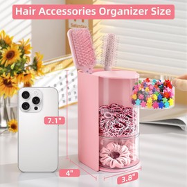 Neotidy Organizador de accesorios para el cabello con soporte para cepillo para polvo de pelo, organizador giratorio para niñas, soporte para brochas de maquillaje de 3 niveles para clips, lazos y