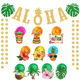 Hawaiian Decorations, Summer Beach Party Decorations, 1 Banner and 10 Hanging Swirls, for Indoor and Outdoor Hawaiian Tropical Summer Beach Pool Tiki Party Supplies
