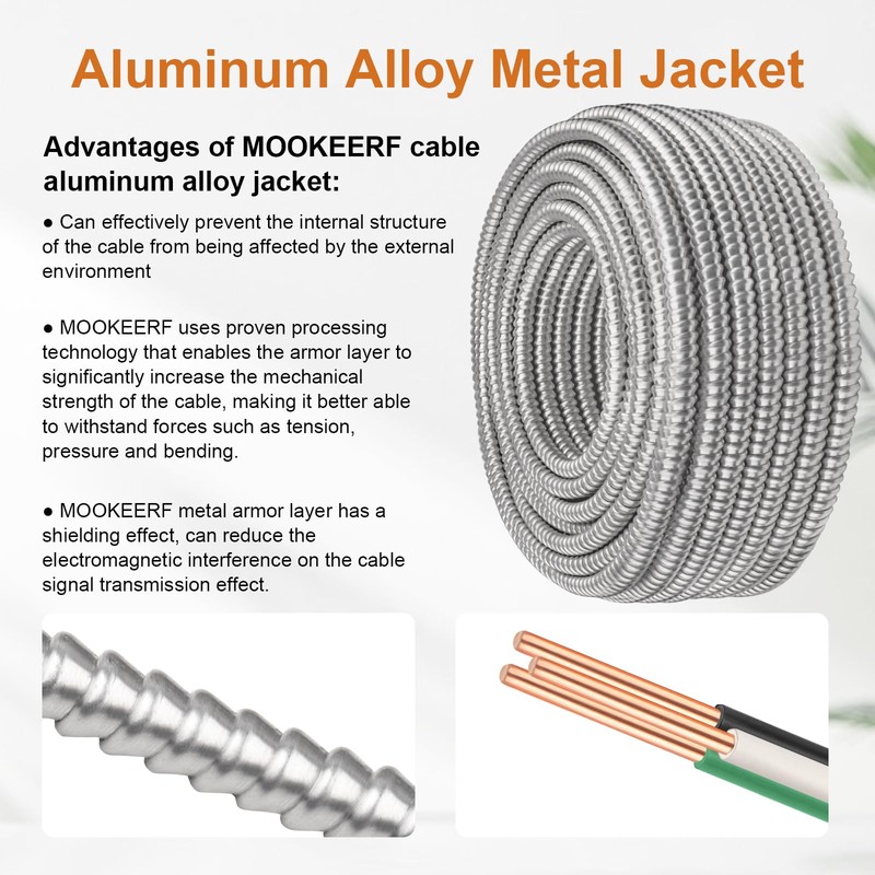MOOKEERF 14/2 MC Cable with Ground - 75FT Pure Copper