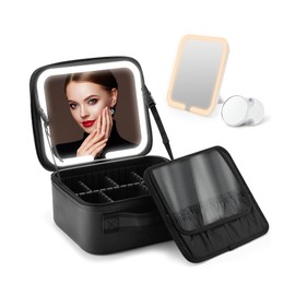 AISHIKEKE Makeup Bag with Led Mirror and 10x Mirror,Travel Makeup Bag,3 Type Lights with Adjustable Brightness,Adjustable Dividers Makeup Organizer,Cosmetic Bag for Women,Black