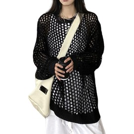 LrisIuza Echo Women's Knit Sweater, Mesh, Early Spring, Vest, Autumn Clothing, Solid, Round Neck, Top, Long Sleeve, Layered, Thin, Openwork Knitting, Stylish, Loose, Casual, See-through, Outerwear,