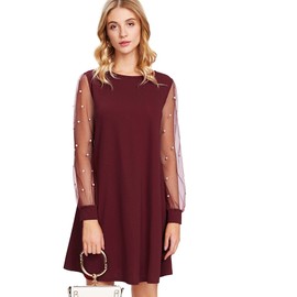 DIDK Women's Mesh Long Sleeve Pullover Tunic Dress Pearl Burgundy XX-Large