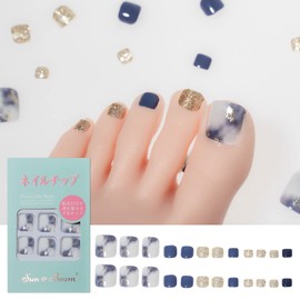 Sun&Beam Nails Nail Tip, Glitter, Foot, Short, False Nails, Cute, Popular, Stylish, Fashionable, Stick, Long Lasting, 24 Pieces (#1 - Blue and White Stone Pattern)