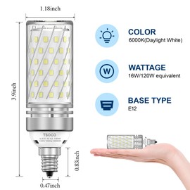 TSOXCO E12 LED Bulbs, 16W Chandelier Light Bulbs 6000K Daylight White, 1400LM 120W Equivalent Non-Dimmable, PC Aluminum Shell, 3 Pack