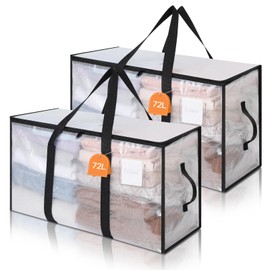 AiQInu 2 Pezzi Borse Trasloco 72 L, Tmpermeabili Scatole Trasloco con Cerniere e Manici, Trasparente Sacchetti Scatole per Armadio, Contenitori Sottoletto per Riporre Oggetti, Piumoni, Vestiti