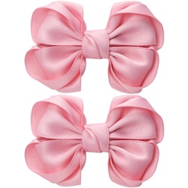 Zolyco Tiny 3 Inch Hair Bow Clips Thick Ribbon - Cute Lined Boutique Alligator Hairpin for Girls, Toddlers, and Little Teens - Kids Barrettes Set of 2 Small Stylish (Rose Pink)