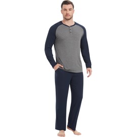 NACHILA Pajamas for Men-Viscose Made from Bamboo,Long Sleeve Pjs Soft Pants Pajama Set Comfy Henley Sleepwear with Pockets Dark Heather Grey-Navy blue XL