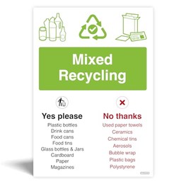 WRAP Mixed Recycling Bin Signs - Waterproof Indoor/Outdoor Rigid Plastic - Wheelie Bin and Waste Containers Signs - Recycling Signs with symbols