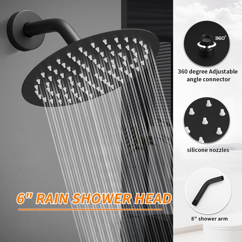Black Tub Shower Faucet Set Complete with 6-Inch Rainfall Shower