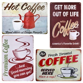 TIE-DailyNec Pack of 4 Coffee Tin Signs, Vintage, Café Metal Poster, Retro Wall Decoration for Cafe, Bar, Wall Decoration, 20 x 30 cm
