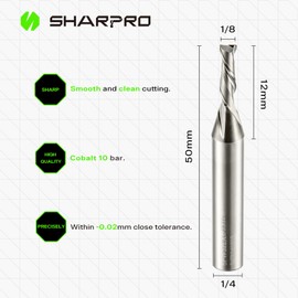 SHARPRO Downcut Spiral Router Bit 1/4 Inch Shank 1/8 Inch Cutting Dia. Solid Carbide Down Cut CNC Bit, Ideal for Wood Cutting, Slot Mortise, Engraving, Carving