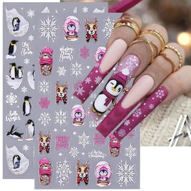 Christmas Nail Art Stickers Decals Winter Snowflake Penguin Nail Decals 2PCS White Pink Snowflake Elk Cute Penguin Xmas Design 5D Embossed Nail Stickers for Christmas Nail Art Decorations Supplies