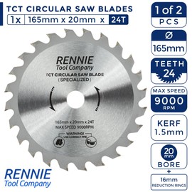 (PACK OF 2) 165mm x 20mm Bore x 24T & 48T TCT Cordless Circular Wood Saw Blades Includes 16mm Reduction Rings. Fits Bosch Makita Ryobi Dewalt DC390, DWE007, DCS391, DC391N Circular Saws etc, Thin Kerf