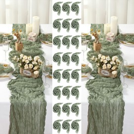 Windkream 4 Cheesecloth Table Runners and 48 Napkins Set, 10Ft Boho Cheese Cloth Table Runners 20 x 20 Inch Rustic Wrinkled Gauze Napkins for Wedding Birthday Baby Shower (Sage Green)