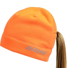 FETHAR Womens Lightweight Running Fleece Hat | Athletic Ponytail Beanie | Reflective Cap for Safety (Blaze Orange)