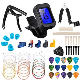 Olycism Guitar Accessories Kit 61 PCS Guitar Tools Set Including Guitar Picks Capo Tuner Guitar Strings 3 in 1 String Winder Bridge Pins 6 String Bone Bridge Saddle and Nut Finger Picks
