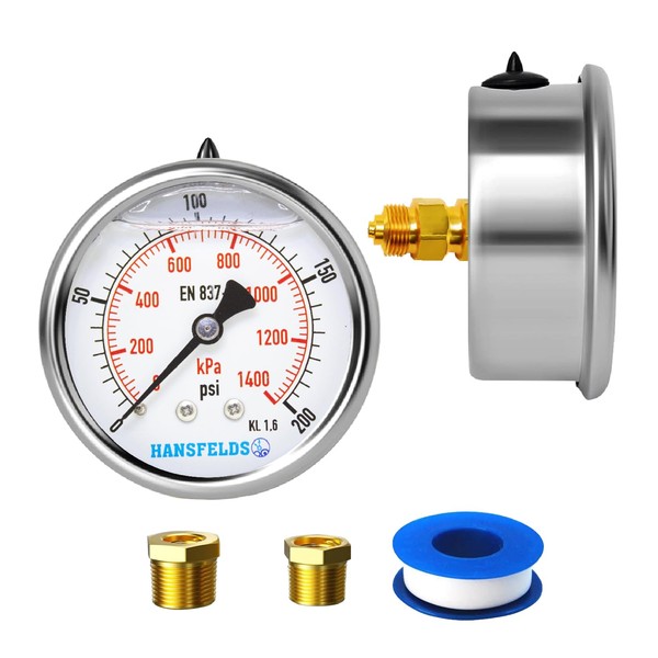 Hansfelds 0-200psi Liquid Filled Pressure Gauge 2.5''Dial Face 1/4" NPT